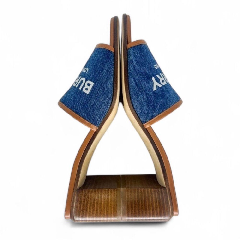NWT BURBERRY Wilma Logo Blue & Brown Broad Strap Square Open Toe Mules S… - Picture 7 of 12